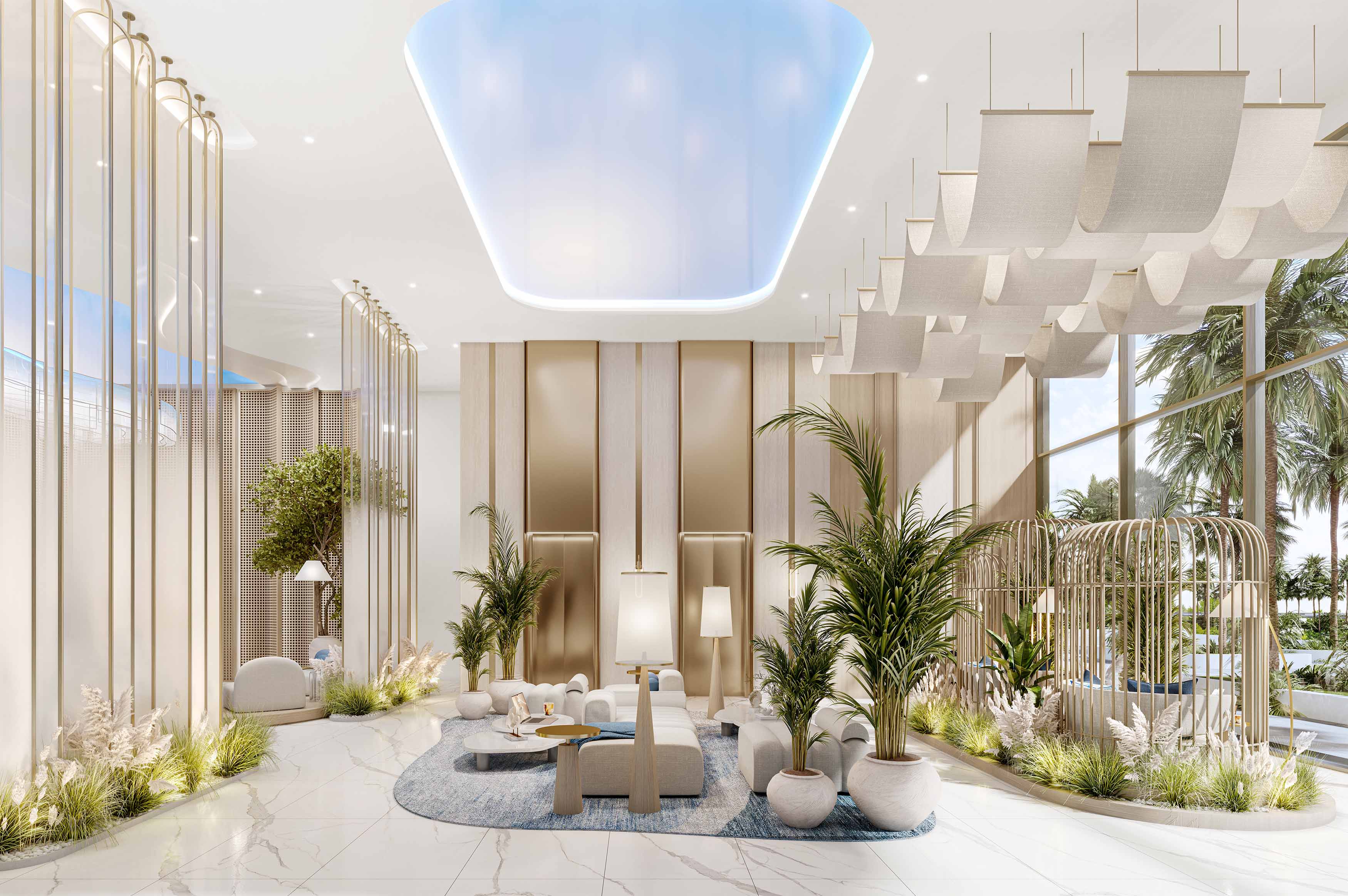Beach Walk Grand By Imtiaz A modern, stylish indoor space with elegant furniture, plants, and decorative features under a bright ceiling.
